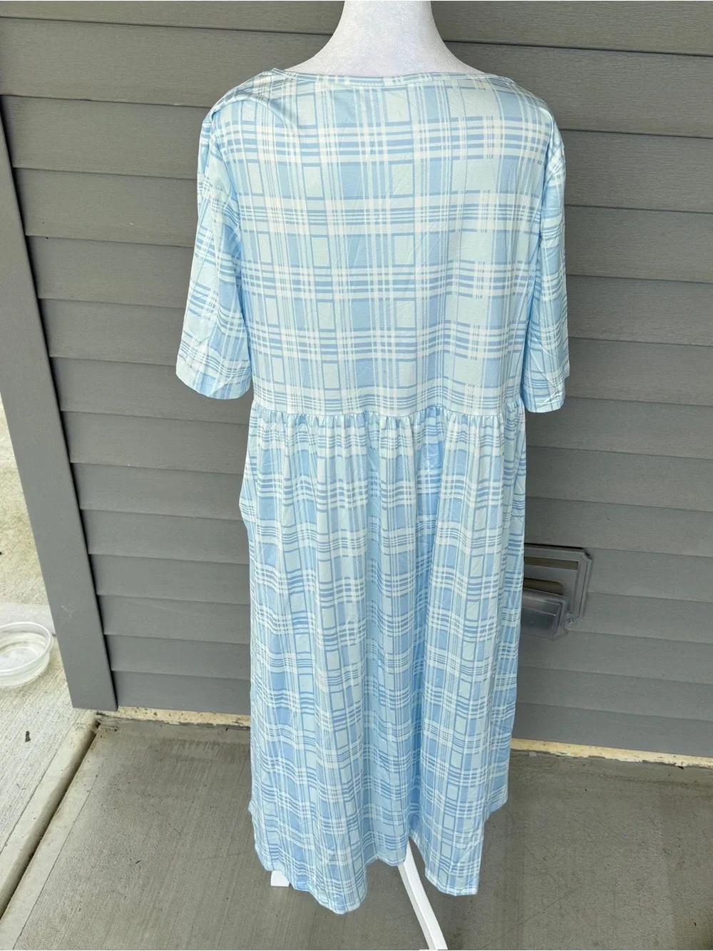 NWOT Women's 1XL/14 Blue Plaid U-Neck Empire Waist Midi Dress Teacher Church_2